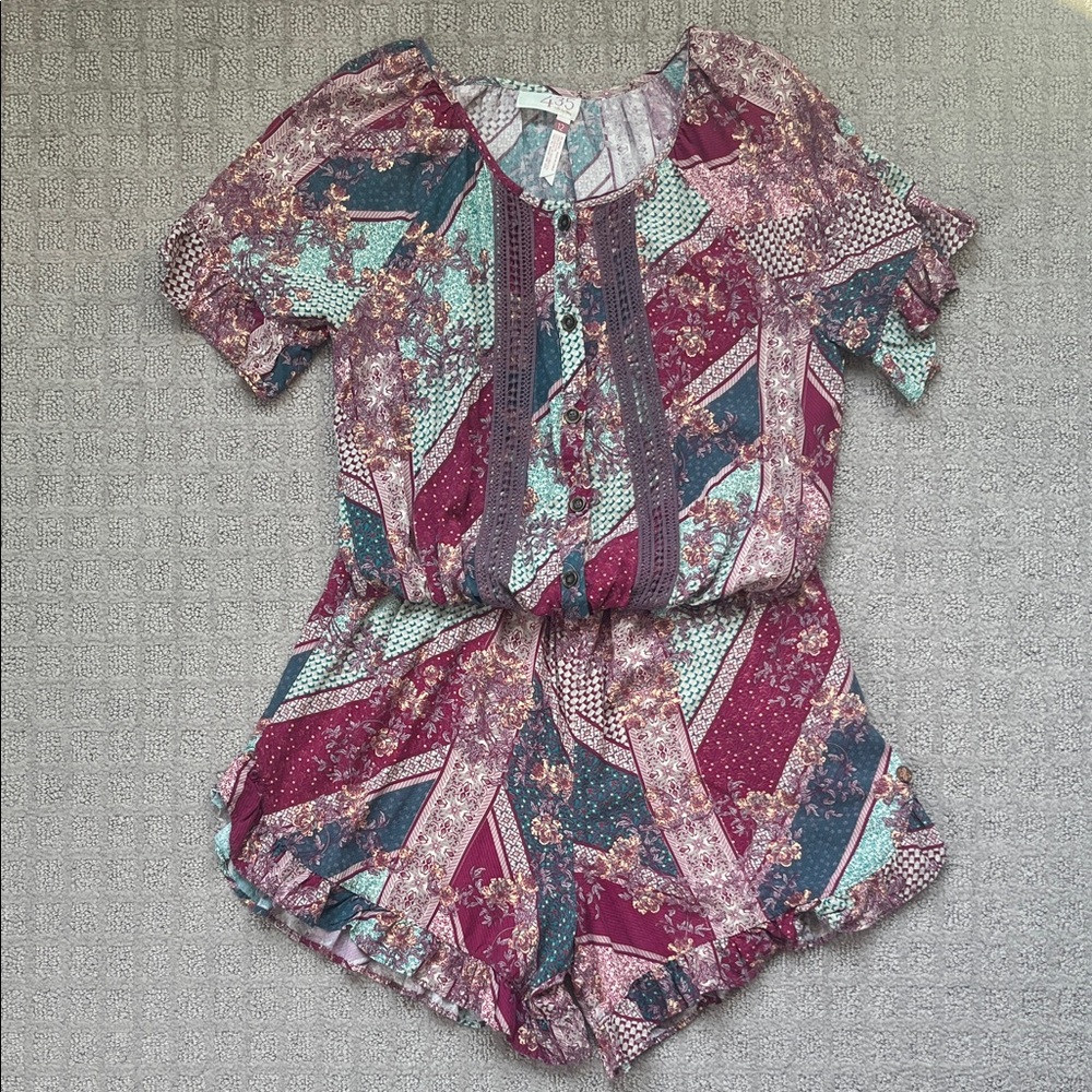 Matilda Jane 435 Paisley Floral Patterned Romper Burgundy Teal Girl’s Size 12